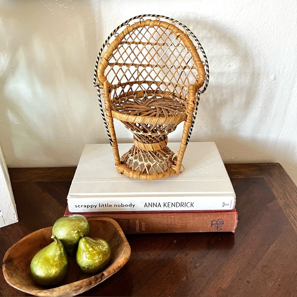 High Back Peacock Mini Wicker Chair 8” tall, Plant /Candle Holder, Doll Chair